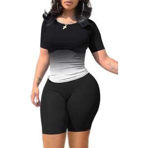 imageLounge Wear Casual 2 Piece Outfits Sets for Women Skinny Crew Neck Tshirt High Waist Leggings Shorts Workout SetGradient Black