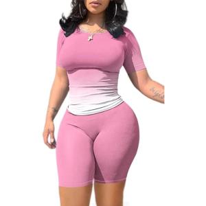 imageLounge Wear Casual 2 Piece Outfits Sets for Women Skinny Crew Neck Tshirt High Waist Leggings Shorts Workout SetGradient Pink