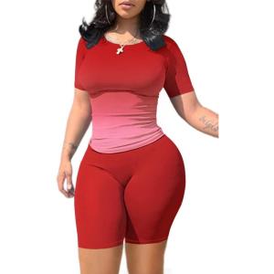 imageLounge Wear Casual 2 Piece Outfits Sets for Women Skinny Crew Neck Tshirt High Waist Leggings Shorts Workout SetGradient Red