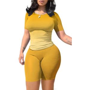 imageLounge Wear Casual 2 Piece Outfits Sets for Women Skinny Crew Neck Tshirt High Waist Leggings Shorts Workout SetGradient Yellow