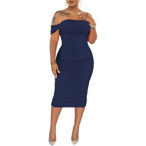 imagePINSV Women Ruched Off Shoulder Dress Bodycon Party Elegant Midi Dresses3288 Dark Blue