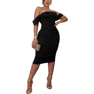 imagePINSV Women Ruched Off Shoulder Dress Bodycon Party Elegant Midi DressesSparkly Black