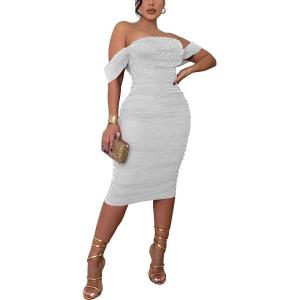 imagePINSV Women Sparkly Ruched Off Shoulder Dress Bodycon Party Elegant Midi Dresses White L