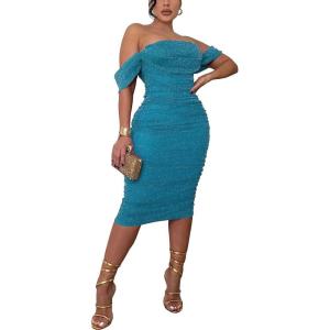 imagePINSV Women Sparkly Ruched Off Shoulder Dress Sleeveless Bodycon Party Elegant Midi Dresses Blue L