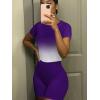 imagePINSV Lounge Wear Casual 2 Piece Outfits Sets for Women Skinny Crew Neck Tshirt High Waist Leggings Shorts Workout Set Gradient Purple L