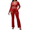 imagePINSV Women 2 Piece Outfits Velour Tracksuit Sets Long Sleeve Zip Up Crop Top Hoodie Bootcut Pants Matching Set Jogging Velvet Track Suits Red L