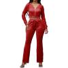 imagePINSV Women 2 Piece Outfits Velour Tracksuit Sets Long Sleeve Zip Up Crop Top Hoodie Bootcut Pants Matching Set Jogging Velvet Track Suits Red L