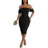 imagePINSV Women Sparkly Ruched Off Shoulder Dress Sleeveless Bodycon Party Elegant Midi Dresses Black L