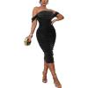 imagePINSV Women Sparkly Ruched Off Shoulder Dress Sleeveless Bodycon Party Elegant Midi Dresses Black L