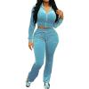 imagePINSV Women 2 Piece Outfits Velour Tracksuit Sets Long Sleeve Zip Up Crop Top Hoodie Bootcut Pants Matching Set Jogging Velvet Track Suits Light blue M