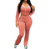 imagePINSV Women 2 Piece Outfits Velour Tracksuit Sets Long Sleeve Zip Up Crop Top Hoodie Bootcut Pants Matching Set Jogging Velvet Track Suits Pink L