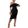 imagePINSV Women Sparkly Ruched Off Shoulder Dress Sleeveless Bodycon Party Elegant Midi Dresses Black L