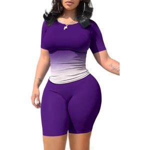 imagePINSV Lounge Wear Casual 2 Piece Outfits Sets for Women Skinny Crew Neck Tshirt High Waist Leggings Shorts Workout Set Gradient Purple L