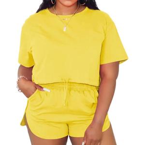 imagePINSV Summer Womens 2 Piece Outfits Tracksuit Short Sleeve Biker Shorts Set Lounge Relax Jogging short Pants Sets Yellow XL
