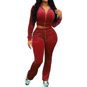 imagePINSV Women 2 Piece Outfits Velour Tracksuit Sets Long Sleeve Zip Up Crop Top Hoodie Bootcut Pants Matching Set Jogging Velvet Track Suits Red L