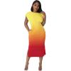 imagePINSV Women Cap Sleeves Summer Midi Dress Casual Fitted Slit Dresses with PocketsRed Yellow Gradient