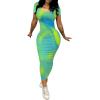 imagePINSV Womens Casual Bodycon Maxi Dress Summer Scoop Neck Short Sleeve Long Fitted Dresses Club PartyBlue Green Blend Printing