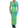 imagePINSV Womens Casual Bodycon Maxi Dress Summer Scoop Neck Short Sleeve Long Fitted Dresses Club PartyBlue Green Blend Printing