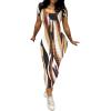 imagePINSV Womens Casual Bodycon Maxi Dress Summer Scoop Neck Short Sleeve Long Fitted Dresses Club PartyBrown Striped Print