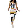 imagePINSV Womens Casual Bodycon Maxi Dress Summer Scoop Neck Short Sleeve Long Fitted Dresses Club PartyColorful Checkered Print