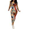 imagePINSV Womens Casual Bodycon Maxi Dress Summer Scoop Neck Short Sleeve Long Fitted Dresses Club PartyColorful Leopard Print