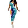 imagePINSV Womens Casual Bodycon Maxi Dress Summer Scoop Neck Short Sleeve Long Fitted Dresses Club PartyLake Green White Print