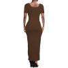 imagePINSV Womens Casual Bodycon Maxi Dress Summer Scoop Neck Short Sleeve Long Fitted Dresses Club PartySolid Brown