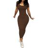 imagePINSV Womens Casual Bodycon Maxi Dress Summer Scoop Neck Short Sleeve Long Fitted Dresses Club PartySolid Brown