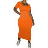 imagePINSV Womens Casual Bodycon Maxi Dress Summer Scoop Neck Short Sleeve Long Fitted Dresses Club PartySolid Orange
