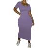 imagePINSV Womens Casual Bodycon Maxi Dress Summer Scoop Neck Short Sleeve Long Fitted Dresses Club PartySolid Purple