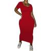 imagePINSV Womens Casual Bodycon Maxi Dress Summer Scoop Neck Short Sleeve Long Fitted Dresses Club PartySolid Red