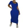 imagePINSV Womens Casual Bodycon Maxi Dress Summer Scoop Neck Short Sleeve Long Fitted Dresses Club PartySolid Royal Blue