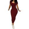 imagePINSV Womens Casual Bodycon Maxi Dress Summer Scoop Neck Short Sleeve Long Fitted Dresses Club PartySolid Wine Red