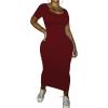 imagePINSV Womens Casual Bodycon Maxi Dress Summer Scoop Neck Short Sleeve Long Fitted Dresses Club PartySolid Wine Red