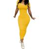 imagePINSV Womens Casual Bodycon Maxi Dress Summer Scoop Neck Short Sleeve Long Fitted Dresses Club PartySolid Yellow
