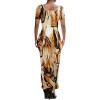 imagePINSV Womens Casual Bodycon Maxi Dress Summer Scoop Neck Short Sleeve Long Fitted Dresses Club PartyWhite Blend Printing