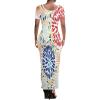 imagePINSV Womens Casual Bodycon Maxi Dress Summer Scoop Neck Short Sleeve Long Fitted Dresses Club PartyWhite Floral Print