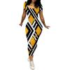 imagePINSV Womens Casual Bodycon Maxi Dress Summer Scoop Neck Short Sleeve Long Fitted Dresses Club PartyYellow Chain Print