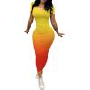 imagePINSV Womens Casual Bodycon Maxi Dress Summer Scoop Neck Short Sleeve Long Fitted Dresses Club PartyYellow Orange Gradient