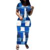 imagePINSV Womens Casual Bodycon Maxi Dress Summer Scoop Neck Short Sleeve Long Fitted Dresses Club PartyBlue Checkered Print