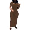 imagePINSV Womens Casual Bodycon Maxi Dress Summer Scoop Neck Short Sleeve Long Fitted Dresses Club PartySolid Brown
