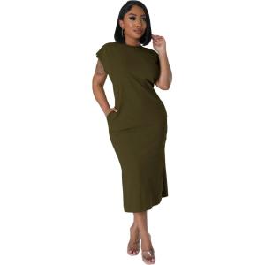 imagePINSV Women Cap Sleeves Summer Midi Dress Casual Fitted Slit Dresses with PocketsArmy Green