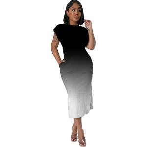 imagePINSV Women Cap Sleeves Summer Midi Dress Casual Fitted Slit Dresses with PocketsBlack White Gradient
