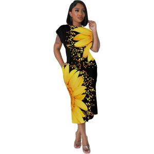 imagePINSV Women Cap Sleeves Summer Midi Dress Casual Fitted Slit Dresses with PocketsFlower Print