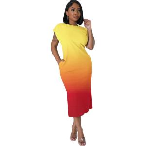 imagePINSV Women Cap Sleeves Summer Midi Dress Casual Fitted Slit Dresses with PocketsRed Yellow Gradient