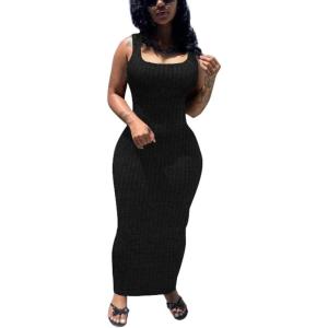 imagePINSV Womens Bodycon Maxi Dress Stretchy Sleeveless Tank Dress Summer Long Ribbed Casual Beach Party DressBlack
