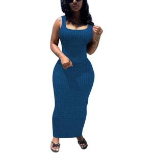 imagePINSV Womens Bodycon Maxi Dress Stretchy Sleeveless Tank Dress Summer Long Ribbed Casual Beach Party DressBlue
