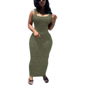 imagePINSV Womens Bodycon Maxi Dress Stretchy Sleeveless Tank Dress Summer Long Ribbed Casual Beach Party DressGrayish Green