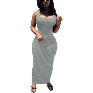 imagePINSV Womens Bodycon Maxi Dress Stretchy Sleeveless Tank Dress Summer Long Ribbed Casual Beach Party DressGrey