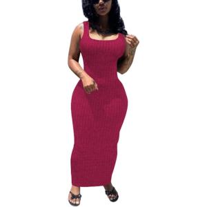 imagePINSV Womens Bodycon Maxi Dress Stretchy Sleeveless Tank Dress Summer Long Ribbed Casual Beach Party DressRose Red